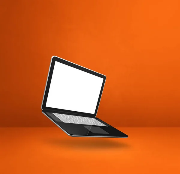 オレンジ色の背景に浮かぶ空白のコンピュータのラップトップ 3D分離イラスト 正方形のテンプレート — ストック写真