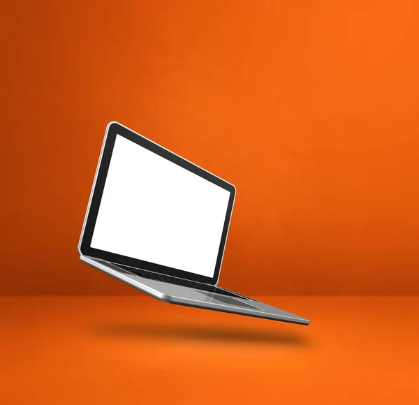 空白电脑笔记本电脑漂浮在橙色的背景上 3D孤立的插图 正方形模板 — 图库照片