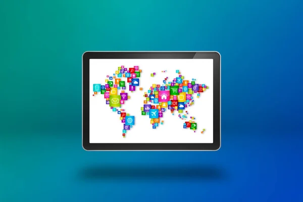 Mapa Mundo Feito Ícones Uma Tela Tablet Conceito Comunicação Global — Fotografia de Stock