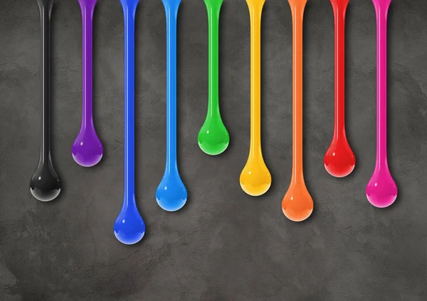 Colorful Ink Drops Isolated Dark Concrete Wall Horizontal Wallpaper Illustration — Stock Photo, Image