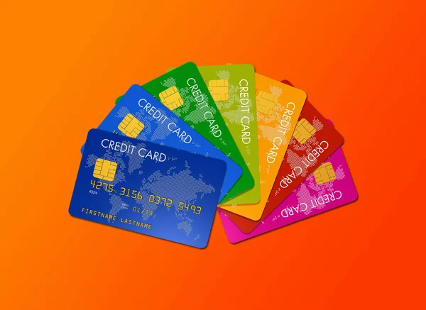 Красочные Кредитные Карты Изолированы Оранжевом Фоне Иллюстрация — стоковое фото