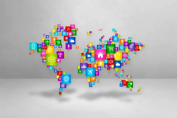 World Map made of desktop apps icons. Cloud Computing concept isolated on white background. 3D illustration
