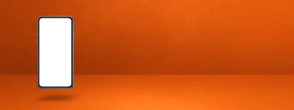 オレンジ色の背景に浮かぶ空白のスマートフォン 3D分離イラスト 横型バナーテンプレート — ストック写真