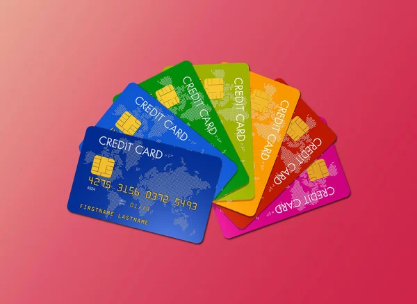 色彩斑斓的信用卡在粉色背景下被隔离 3D插图 — 图库照片