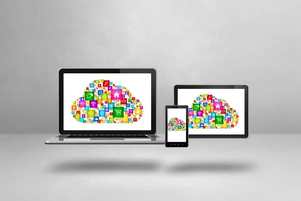 Simbolo Cloud Computing Icone Laptop Smartphone Tablet Illustrazione Isolata Sfondo — Foto Stock
