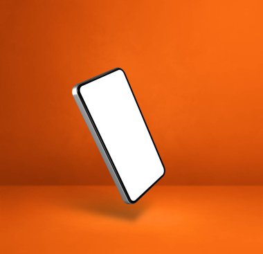 Turuncu arka planda boş bir akıllı telefon. 3 boyutlu izole bir illüstrasyon. Kare şablon