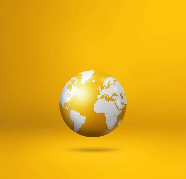 世界地图 世界地图 漂浮在黄色的背景上 3D孤立的插图 正方形模板 — 图库照片