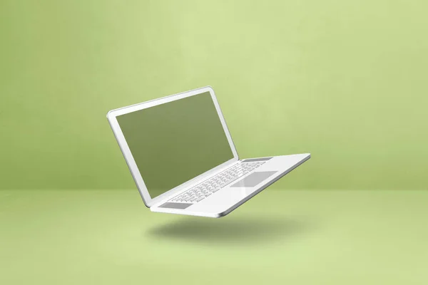 Blanco Computer Laptop Zwevend Een Groene Achtergrond Geïsoleerde Illustratie Horizontaal — Stockfoto