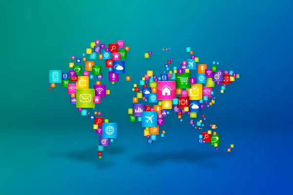 World Map made of desktop apps icons. Cloud Computing concept isolated on blue background. 3D illustration