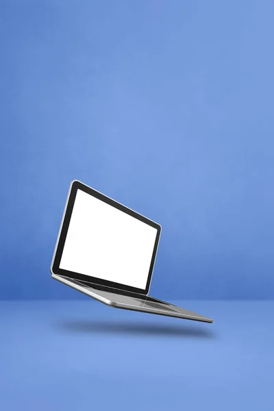 Blanco Computer Laptop Zwevend Een Blauwe Achtergrond Geïsoleerde Illustratie Verticale — Stockfoto