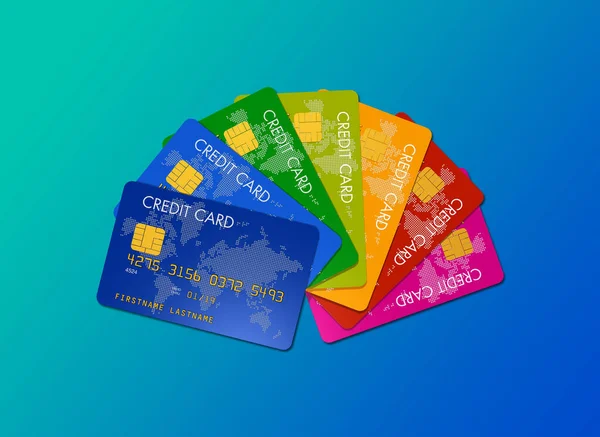 Kleurrijke Creditcards Geïsoleerd Een Blauwe Achtergrond Illustratie — Stockfoto