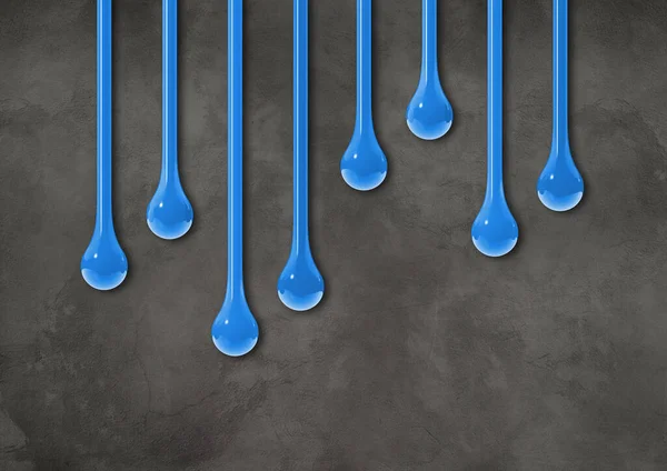 Blauwe Inkt Druppels Geïsoleerd Donkere Betonnen Muur Horizontaal Behang Illustratie — Stockfoto