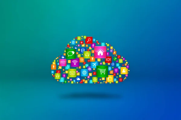 Cloud Computing Symbool Gemaakt Van Apps Pictogrammen Geïsoleerd Blauwe Achtergrond — Stockfoto