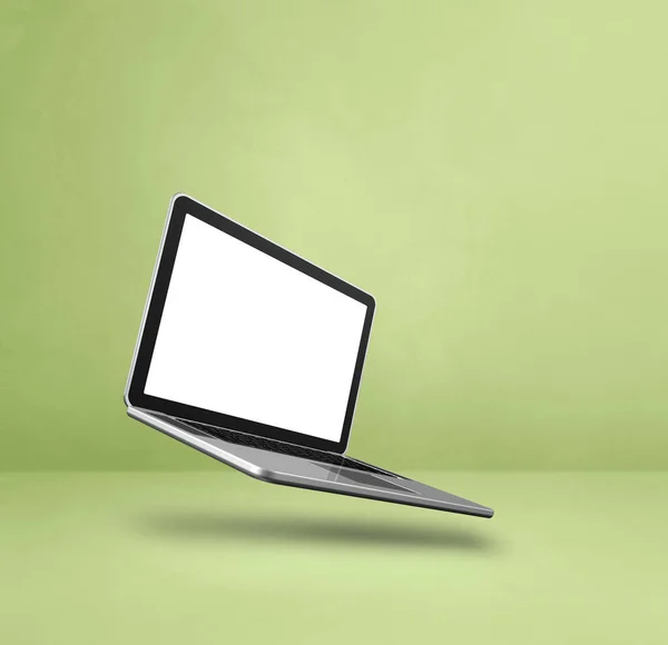 Leerer Computer Laptop Der Über Einem Grünen Hintergrund Schwebt Isolierte — Stockfoto