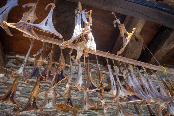 Pesce Essiccato Tradizionale Davanti Una Casa Villaggio Cudillero Asturie Spagna — Foto Stock