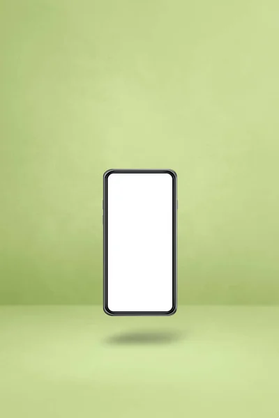 Tomma Smartphone Flyter Över Grön Bakgrund Isolerad Illustration Vertikal Mall — Stockfoto