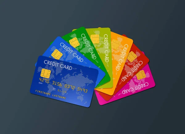 Koyu Gri Arka Planda Izole Edilmiş Renkli Kredi Kartları Illüstrasyon — Stok fotoğraf