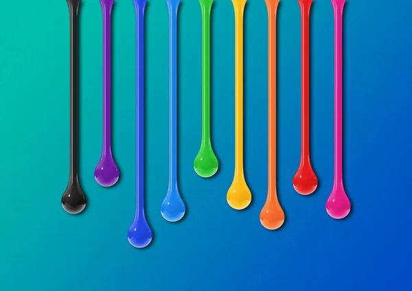 Tinta Colorida Cai Isolada Sobre Fundo Azul Papel Parede Horizontal — Fotografia de Stock