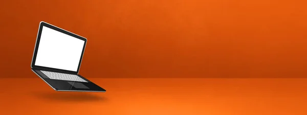 Computador Portátil Branco Flutuando Sobre Fundo Laranja Ilustração Isolada Modelo — Fotografia de Stock