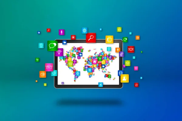 世界地图是由平板电脑屏幕上的图标构成的 蓝色背景下孤立的全球通信概念 3D插图 — 图库照片