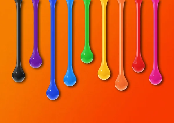 Coloridas Gotas Tinta Aisladas Sobre Fondo Naranja Fondo Pantalla Horizontal —  Fotos de Stock