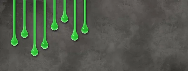Zelený Inkoust Kapky Izolované Tmavé Betonové Zdi Vodorovný Prapor Ilustrace — Stock fotografie
