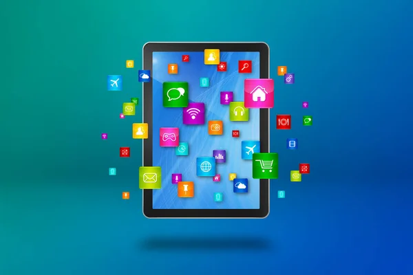Flying Icons Tablet Cloud Computing Concept Illustration Isolated Blue Background — Stock Photo, Image