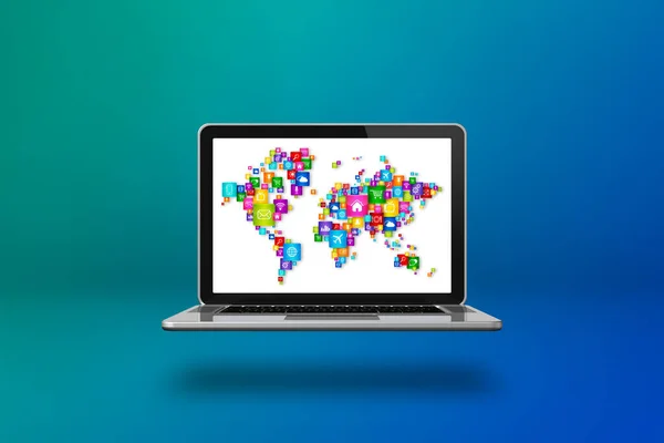 Världskarta Ikoner Bärbar Datorskärm Globalt Kommunikationskoncept Isolerat Blå Bakgrund Illustration — Stockfoto