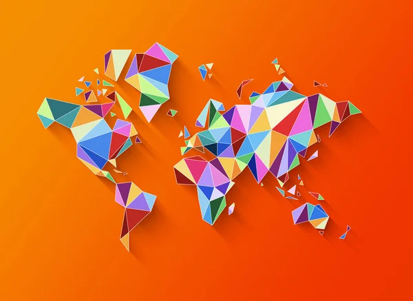 カラフルな多角形で作られた世界地図の形 オレンジの背景に孤立した3Dイラスト — ストック写真