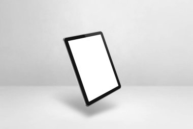 Beyaz arka planda yüzen boş bir tablet bilgisayar. 3 boyutlu izole bir illüstrasyon. Yatay şablon