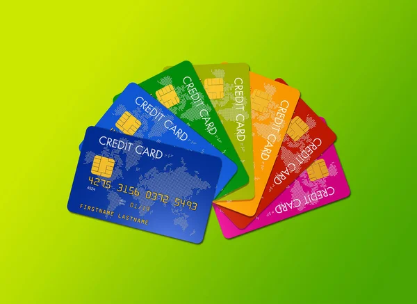 Colorful credit cards isolated on a green  background. 3D illustration