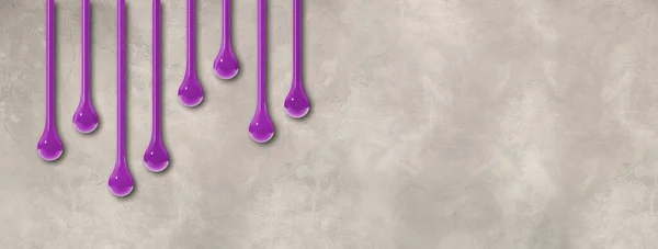 紫色のインク滴は 光コンクリート壁に隔離されます 水平方向のバナー 3Dイラスト — ストック写真