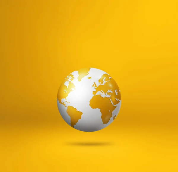 World globe, earth map, floating over a yellow background. 3D isolated illustration. Square template