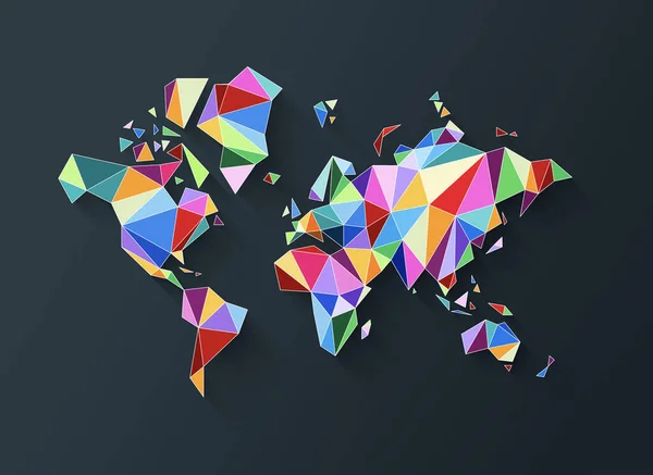 カラフルな多角形で作られた世界地図の形 黒い背景に隔離された3Dイラスト — ストック写真