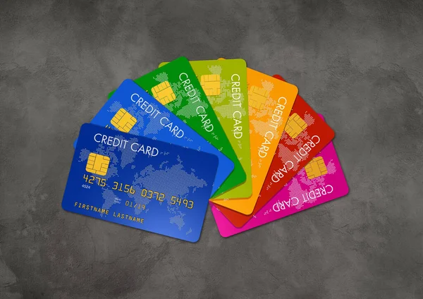 Πολύχρωμες Πιστωτικές Κάρτες Σκούρο Τσιμεντένιο Φόντο Απεικόνιση — Φωτογραφία Αρχείου