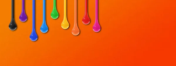Bunte Farbtropfen Auf Orangefarbenem Hintergrund Horizontale Fahne Illustration — Stockfoto