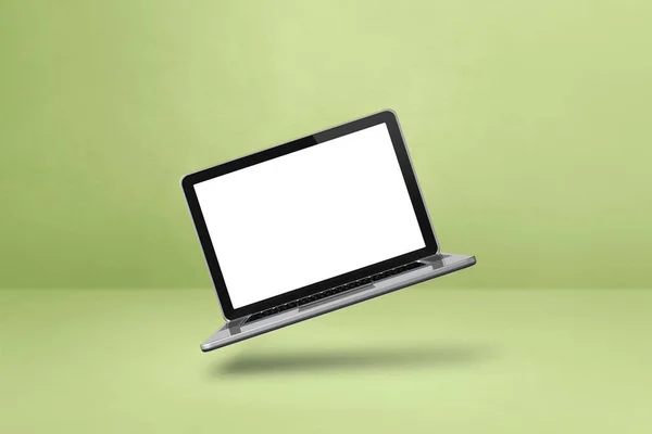 空白电脑笔记本电脑漂浮在绿色的背景上 3D孤立的插图 横向模板 — 图库照片