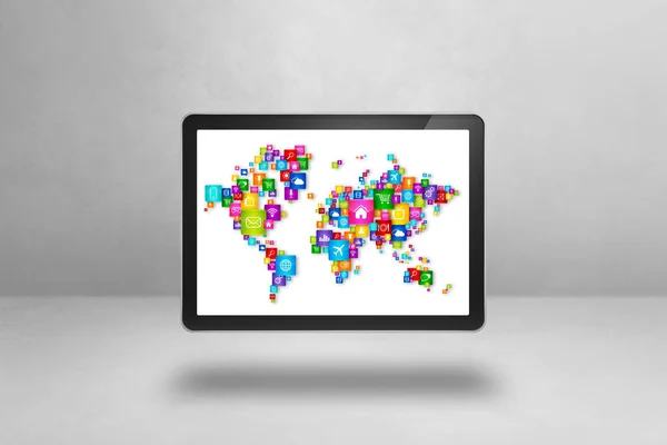 タブレットPc画面上のアイコンで作られた世界地図 白を基調としたグローバルコミュニケーションの概念 3Dイラスト — ストック写真