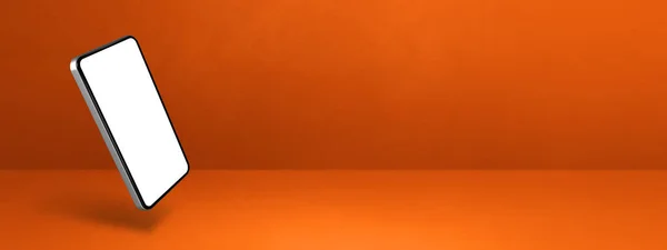 オレンジ色の背景に浮かぶ空白のスマートフォン 3D分離イラスト 横型バナーテンプレート — ストック写真