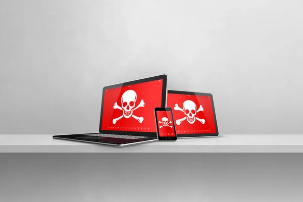 Ноутбук Планшетний Смартфон Полиці Піратськими Символами Екрані Злом Концепція Вірусу — стокове фото