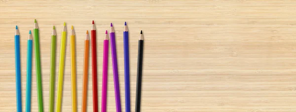 Kolorowy Zestaw Ołówkowy Izolowany Drewnianym Tle Tapeta Panoramiczna — Zdjęcie stockowe