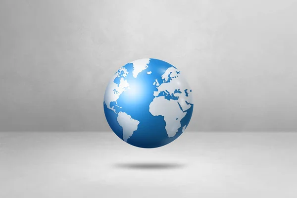 World globe, blue earth map, floating over a white background. 3D isolated illustration. Horizontal template