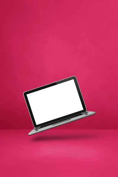 空白电脑笔记本电脑漂浮在粉红色的背景上 3D孤立的插图 垂直模板 — 图库照片