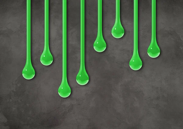Green Ink Drops Isolated Dark Concrete Wall Horizontal Wallpaper Illustration — Stock Photo, Image