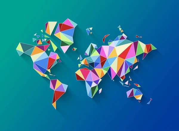 カラフルな多角形で作られた世界地図の形 青い背景に隔離された3Dイラスト — ストック写真