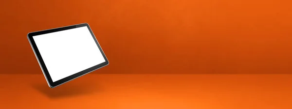 オレンジ色の背景に浮かぶ空白のタブレットPcコンピュータ 3D分離イラスト 横型バナーテンプレート — ストック写真