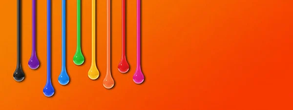 Coloridas Gotas Tinta Aisladas Sobre Fondo Naranja Banner Horizontal Ilustración —  Fotos de Stock