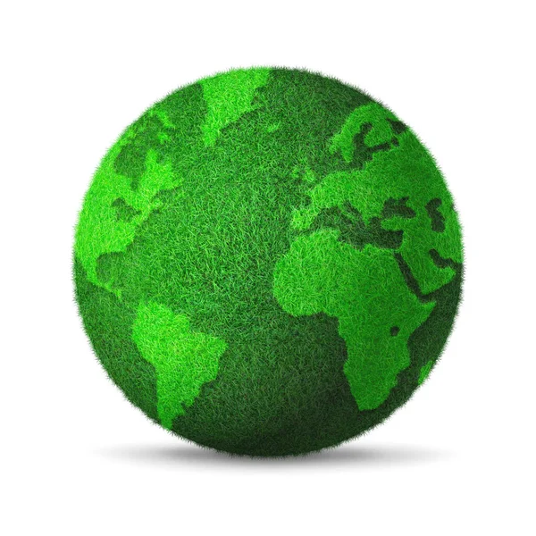 Παγκόσμια Υδρόγειο Καλυμμένο Πράσινο Γρασίδι Απομονωμένο Λευκό Φόντο Σύμβολο Περιβαλλοντικής — Φωτογραφία Αρχείου
