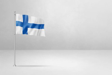 Finlandiya bayrağı, üç boyutlu illüstrasyon, beyaz beton arka planda izole edilmiş