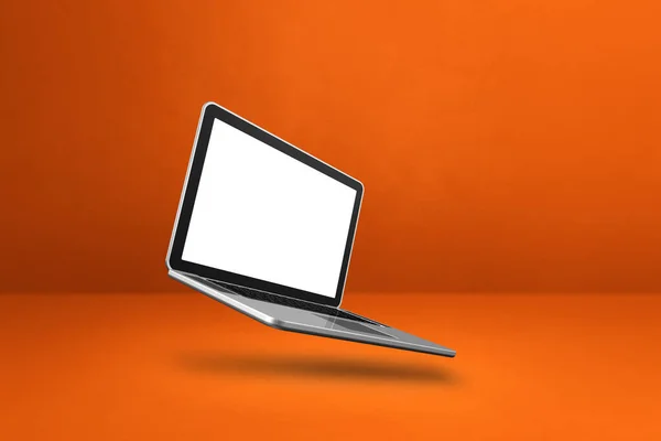 Blanco Computer Laptop Zwevend Een Oranje Achtergrond Geïsoleerde Illustratie Horizontaal — Stockfoto